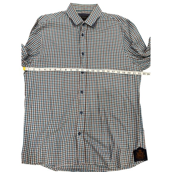 Coogi Luxe Mens Button-Up Checkered Shirt Blue Brown White Long Sleeve Size L - Picture 4 of 7